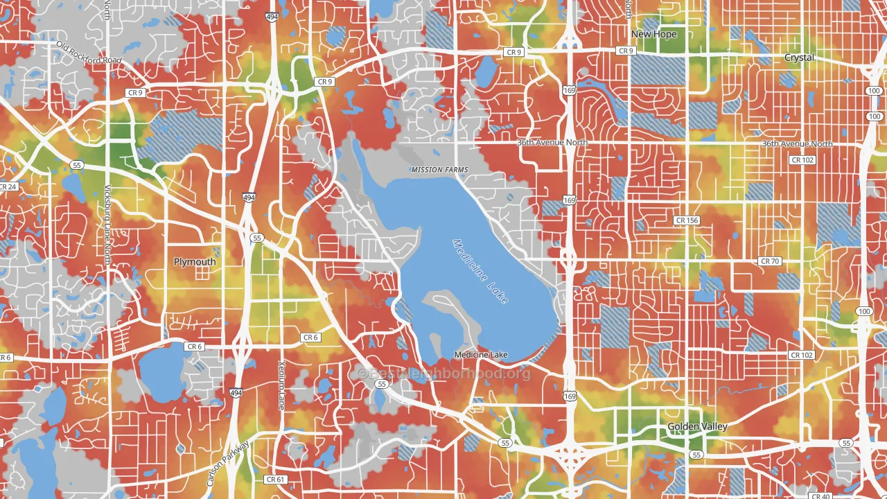 Walk Grade map of 55441, MN, walkable areas in green and car-dependent areas in red