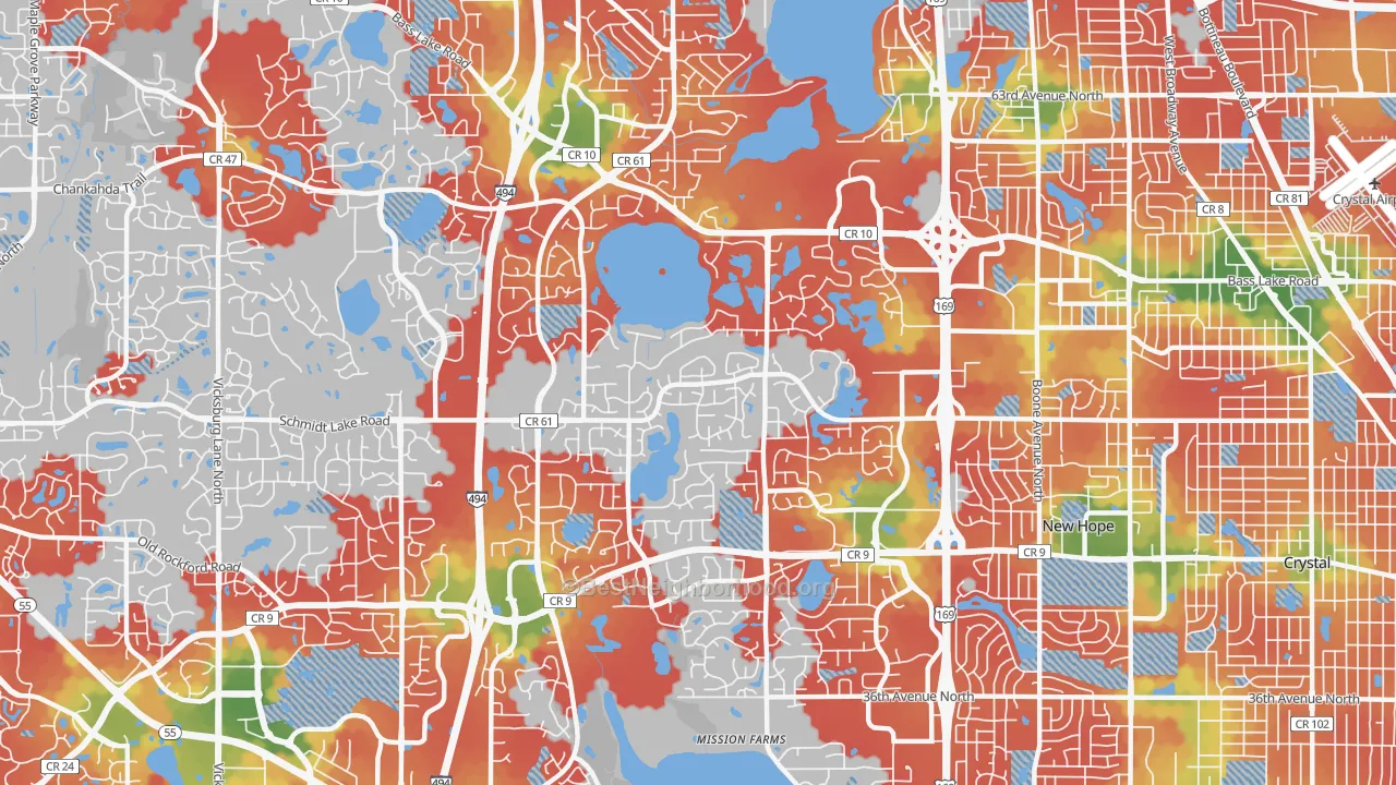 Walk Grade map of 55442, MN, walkable areas in green and car-dependent areas in red