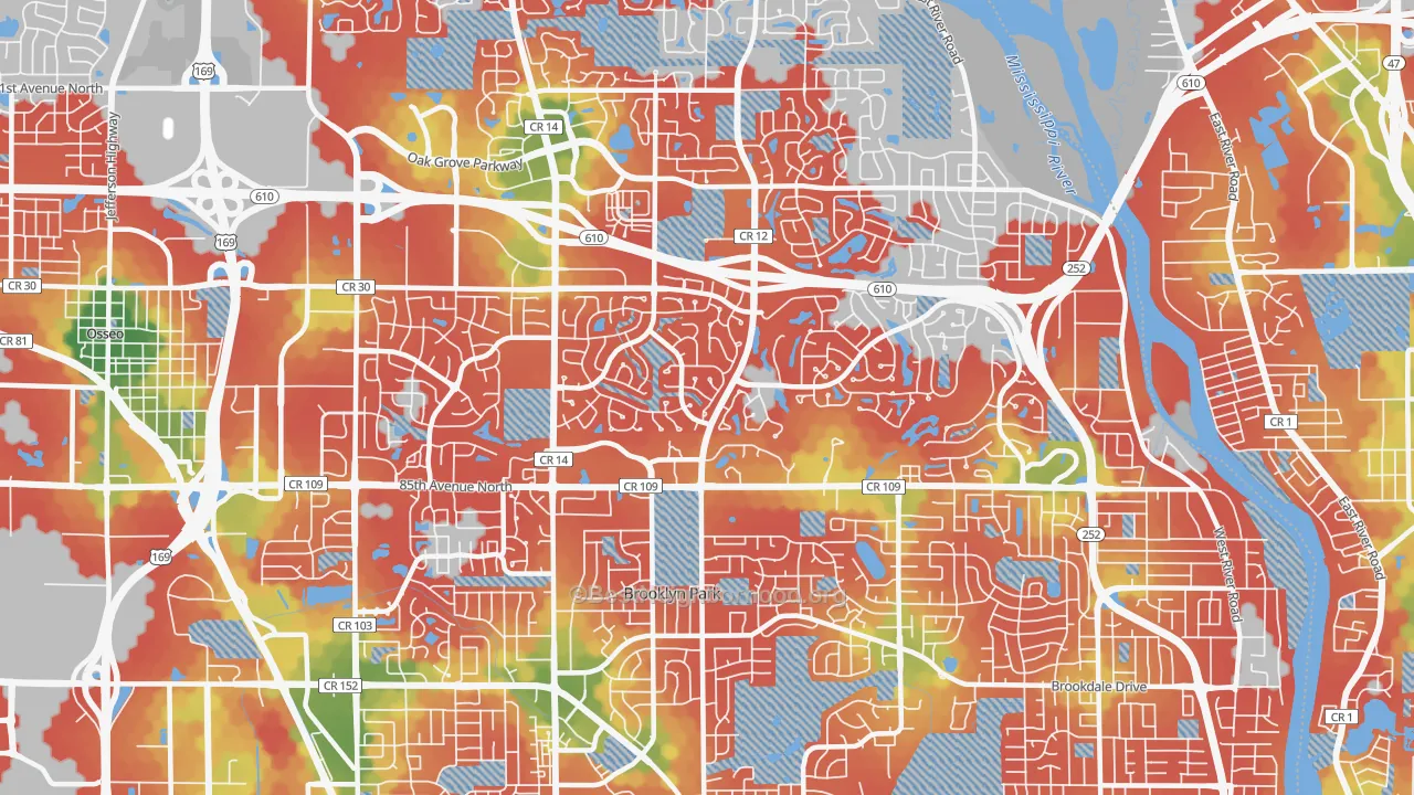 Walk Grade map of 55443, MN, walkable areas in green and car-dependent areas in red