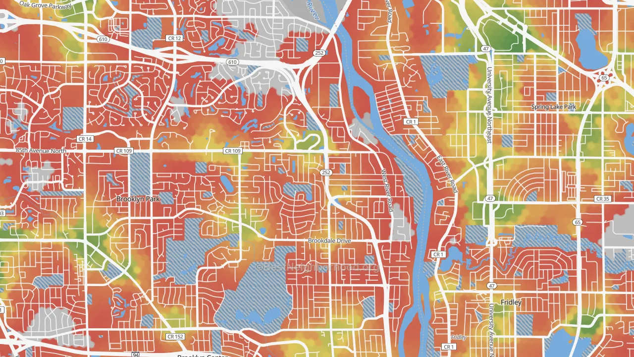Walk Grade map of 55444, MN, walkable areas in green and car-dependent areas in red