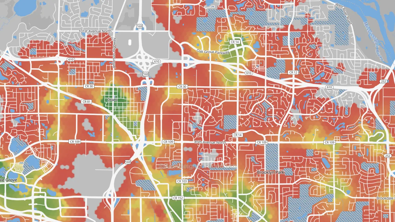 Walk Grade map of 55445, MN, walkable areas in green and car-dependent areas in red
