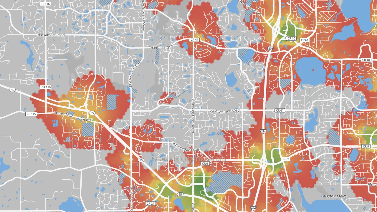 Walk Grade map of 55446, MN, walkable areas in green and car-dependent areas in red
