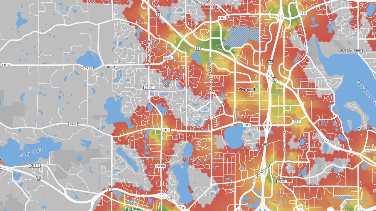 Walk Grade map of 55447, MN, walkable areas in green and car-dependent areas in red