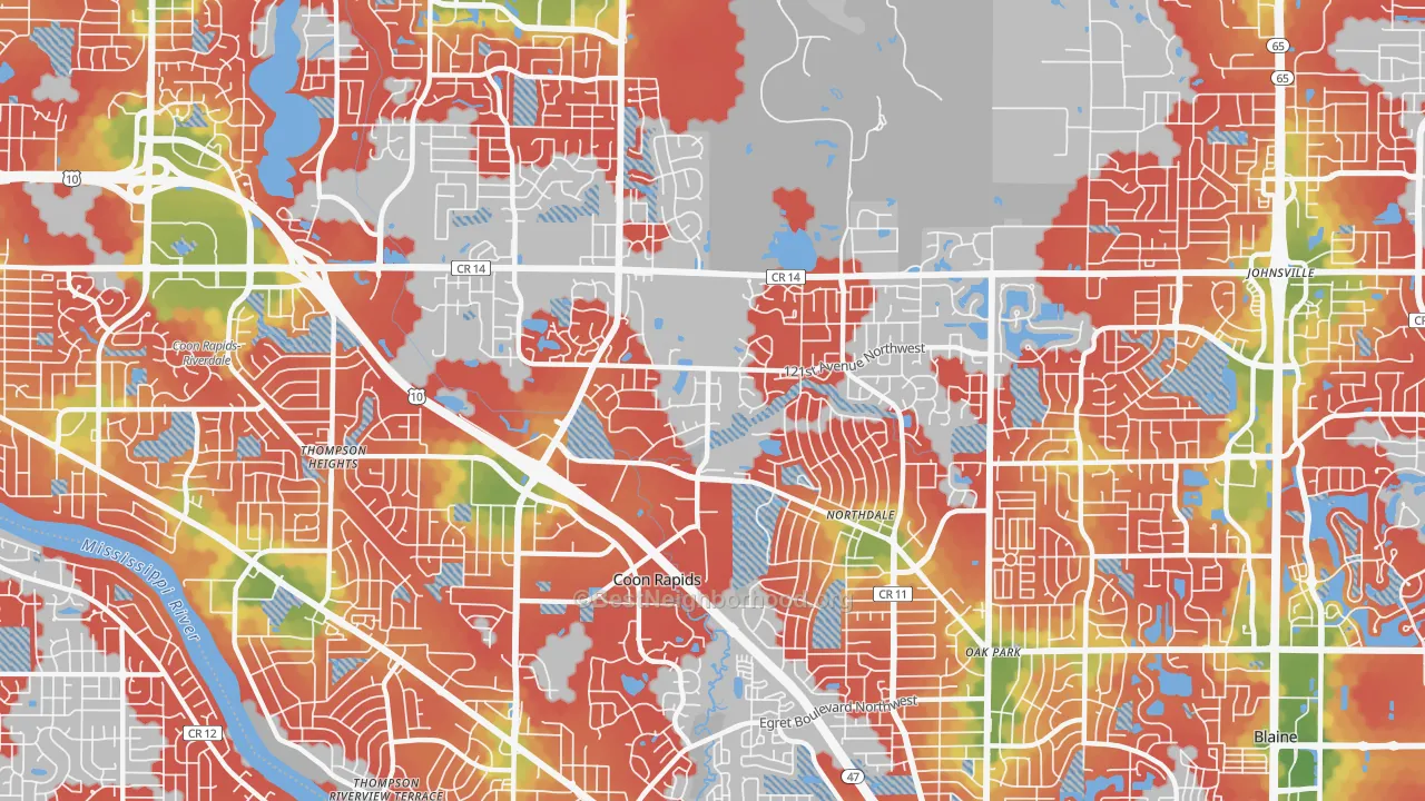Walk Grade map of 55448, MN, walkable areas in green and car-dependent areas in red
