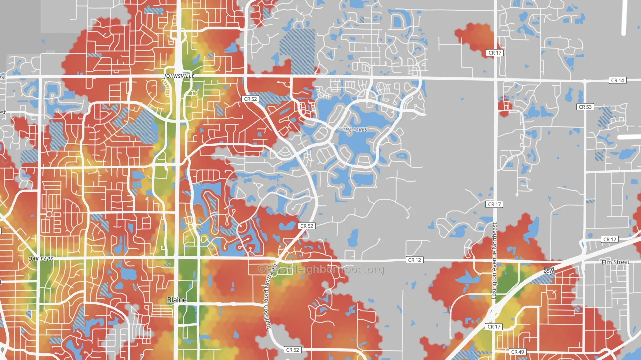 Walk Grade map of 55449, MN, walkable areas in green and car-dependent areas in red
