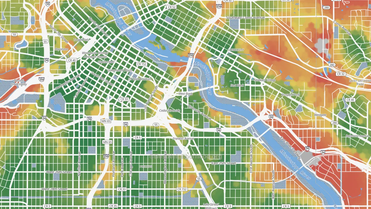 Walk Grade map of 55454, MN, walkable areas in green and car-dependent areas in red