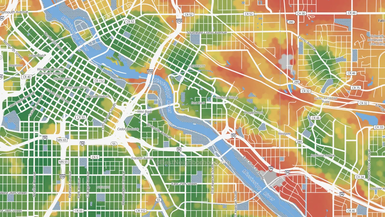 Walk Grade map of 55455, MN, walkable areas in green and car-dependent areas in red