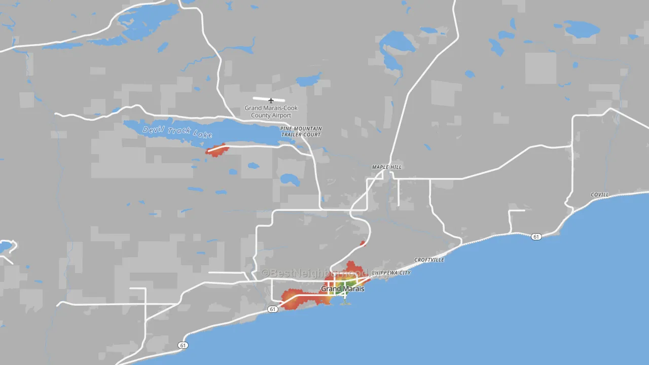 Walk Grade map of 55604, MN, walkable areas in green and car-dependent areas in red