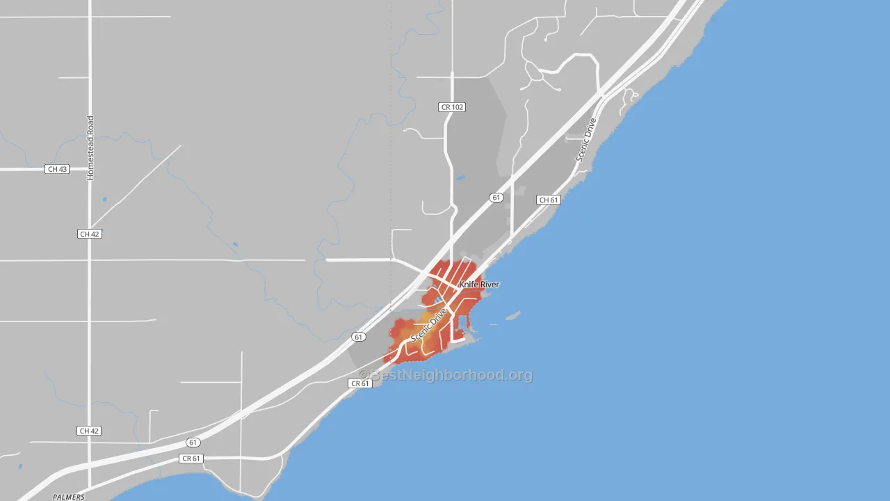 Walk Grade map of 55609, MN, walkable areas in green and car-dependent areas in red