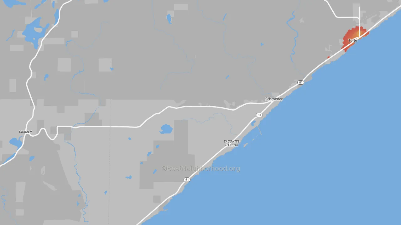 Walk Grade map of 55613, MN, walkable areas in green and car-dependent areas in red