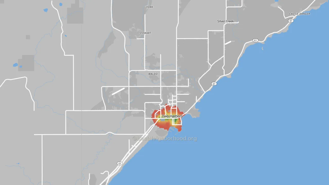 Walk Grade map of 55616, MN, walkable areas in green and car-dependent areas in red