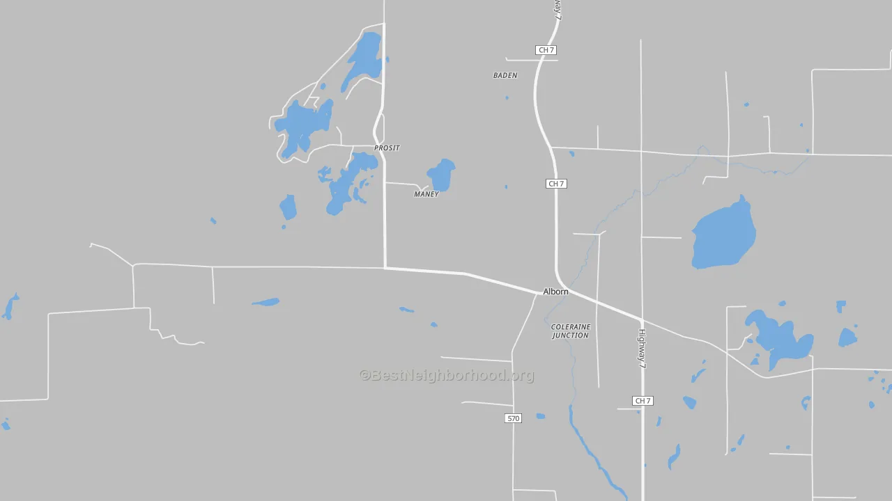 Walk Grade map of 55702, MN, walkable areas in green and car-dependent areas in red