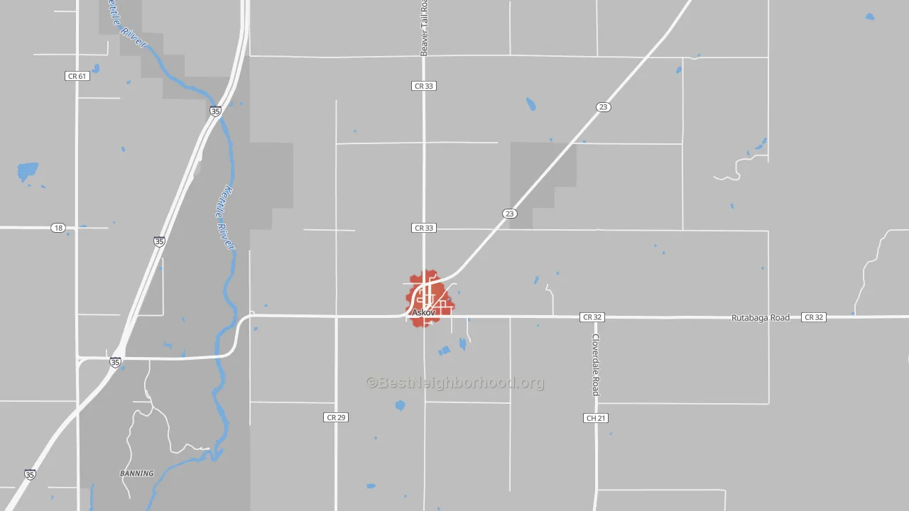 Walk Grade map of 55704, MN, walkable areas in green and car-dependent areas in red