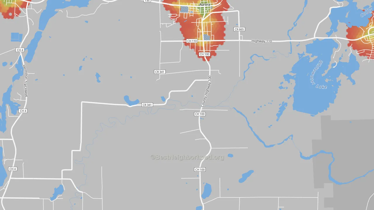 Walk Grade map of 55705, MN, walkable areas in green and car-dependent areas in red