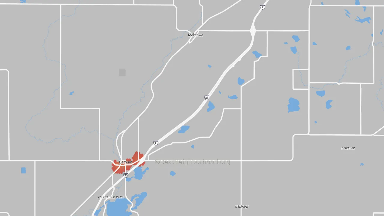 Walk Grade map of 55707, MN, walkable areas in green and car-dependent areas in red