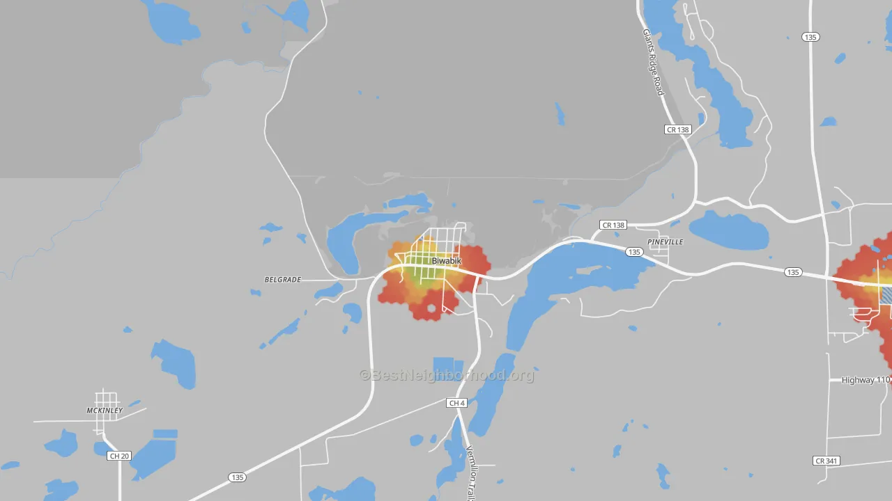 Walk Grade map of 55708, MN, walkable areas in green and car-dependent areas in red