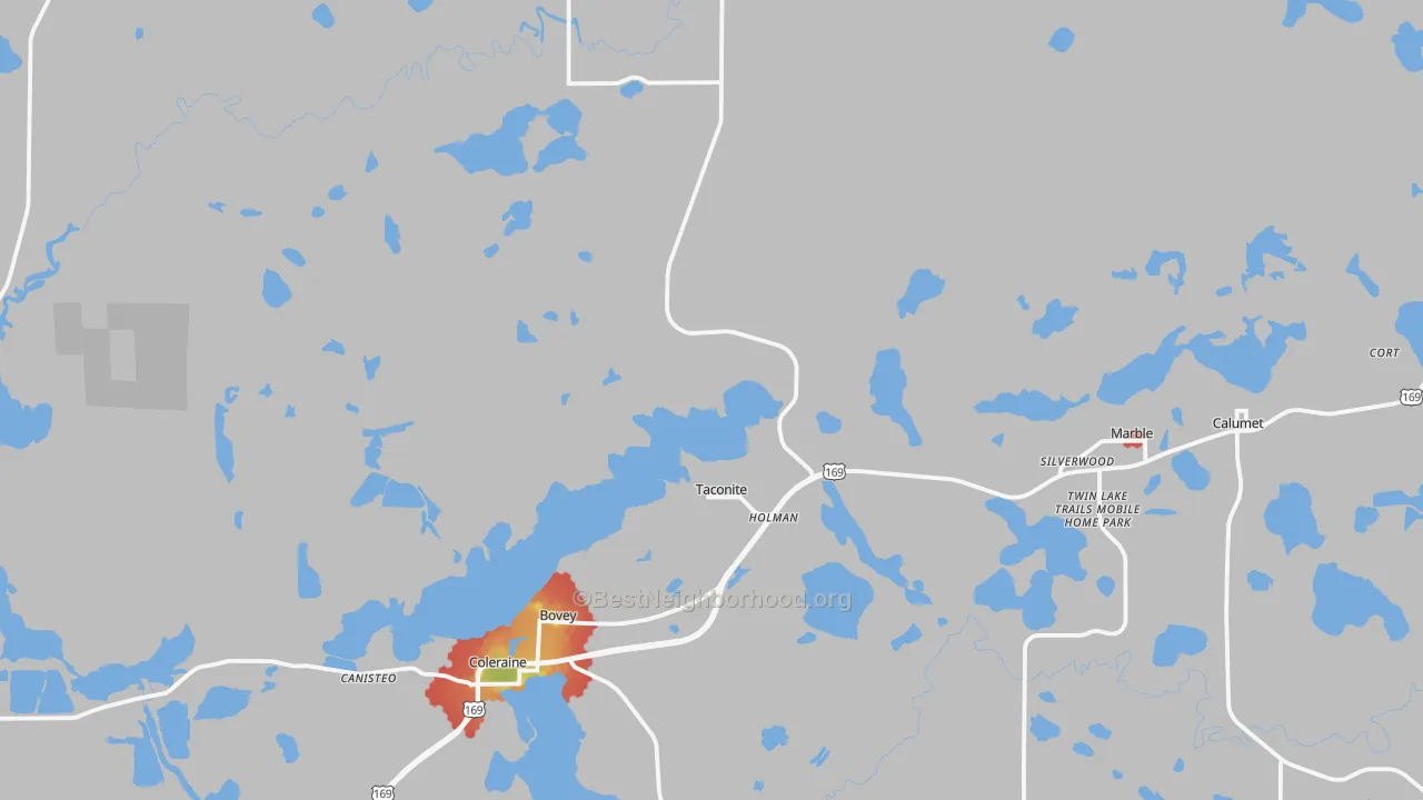 Walk Grade map of 55709, MN, walkable areas in green and car-dependent areas in red
