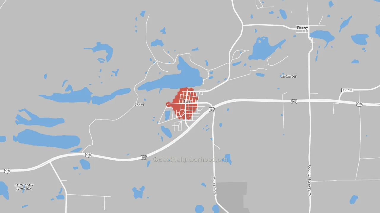 Walk Grade map of 55713, MN, walkable areas in green and car-dependent areas in red
