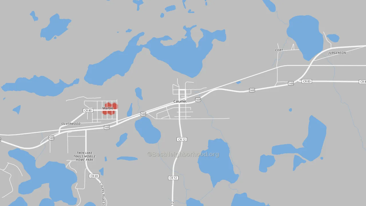 Walk Grade map of 55716, MN, walkable areas in green and car-dependent areas in red