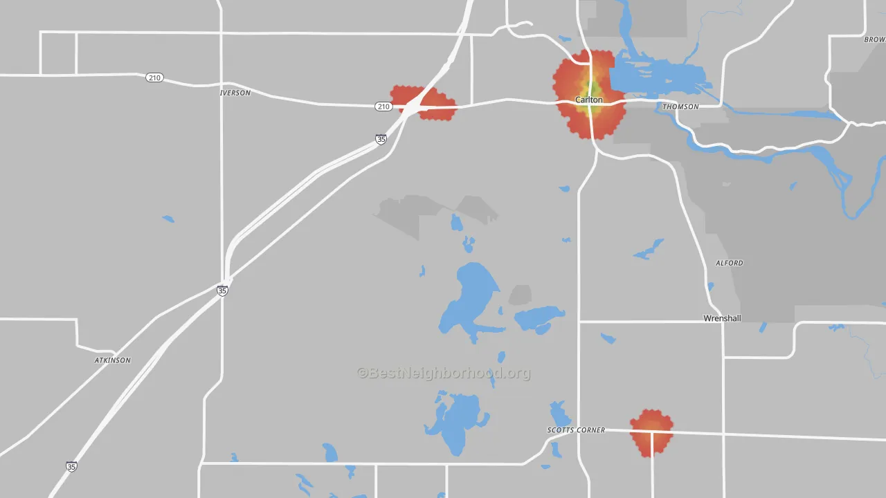 Walk Grade map of 55718, MN, walkable areas in green and car-dependent areas in red