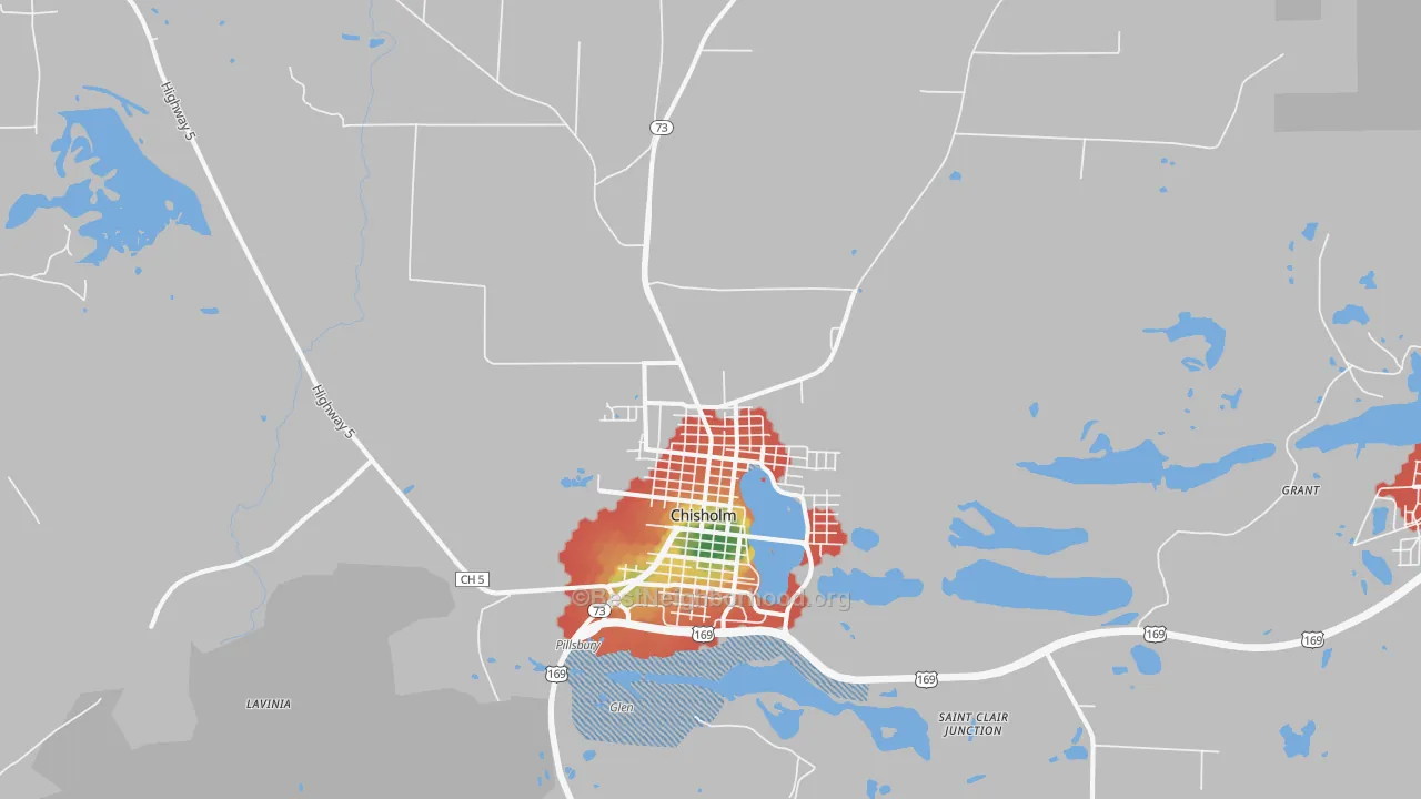 Walk Grade map of 55719, MN, walkable areas in green and car-dependent areas in red