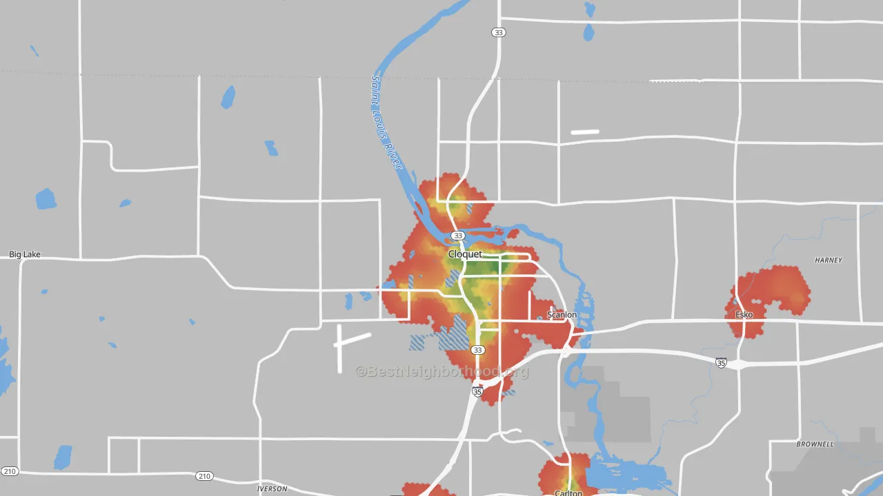 Walk Grade map of 55720, MN, walkable areas in green and car-dependent areas in red
