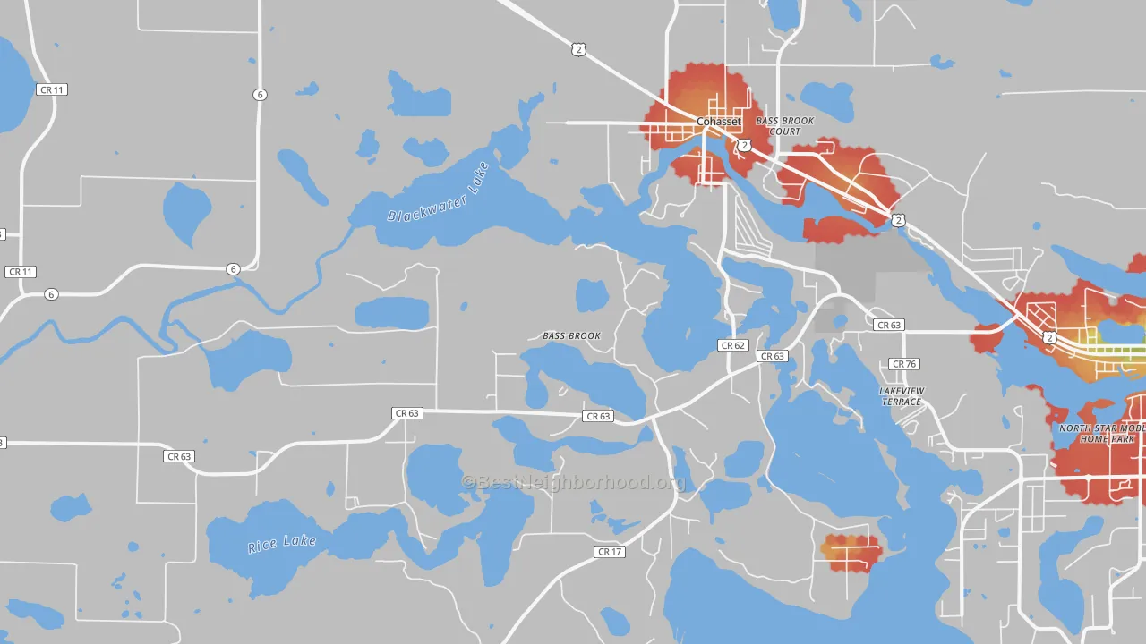 Walk Grade map of 55721, MN, walkable areas in green and car-dependent areas in red