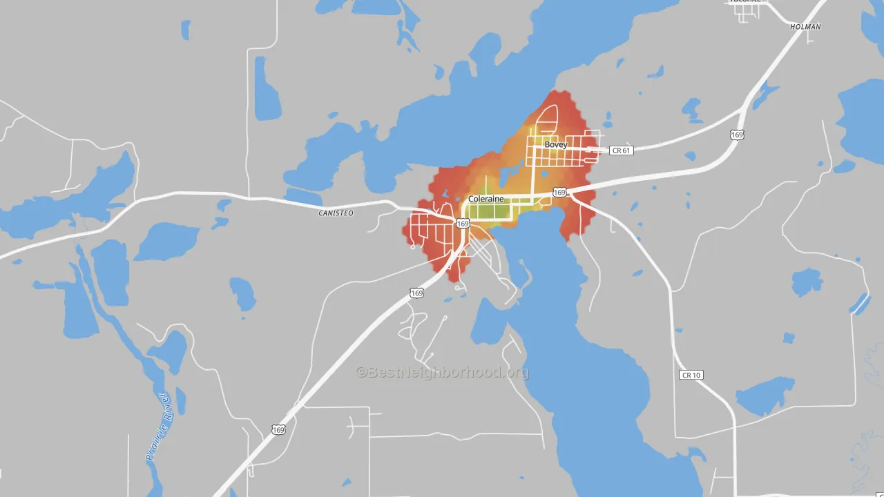 Walk Grade map of 55722, MN, walkable areas in green and car-dependent areas in red