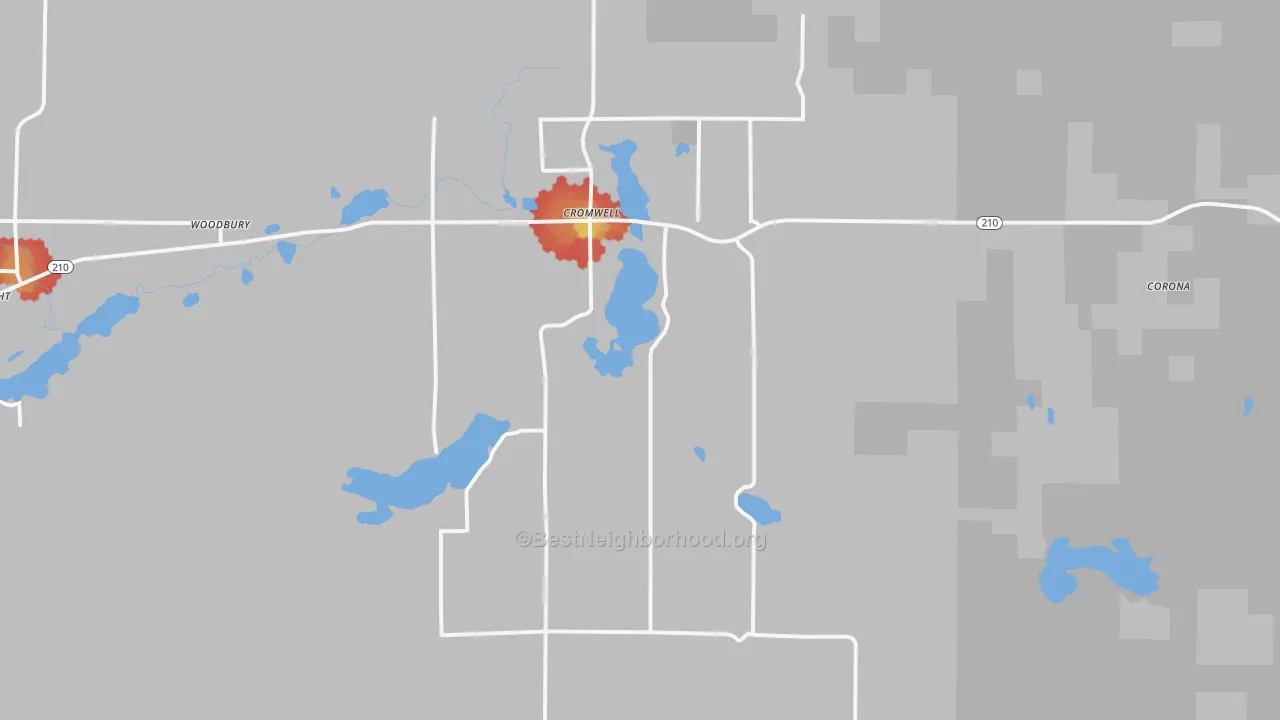 Walk Grade map of 55726, MN, walkable areas in green and car-dependent areas in red