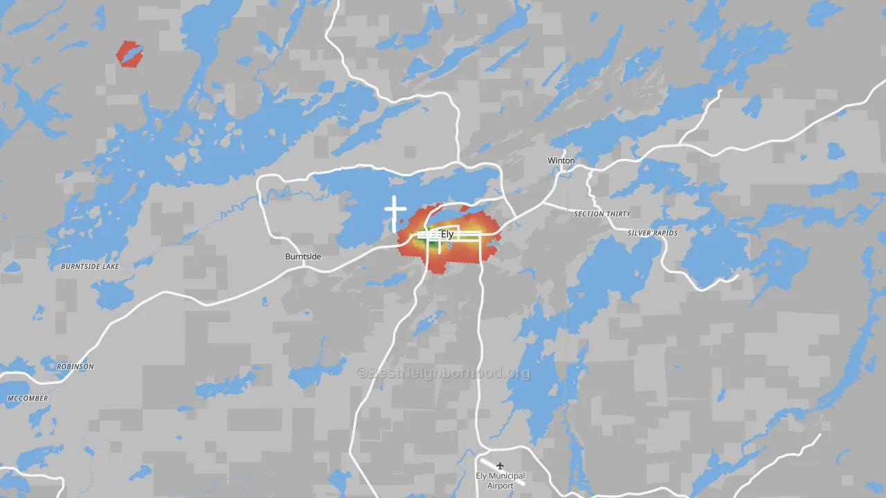 Walk Grade map of 55731, MN, walkable areas in green and car-dependent areas in red