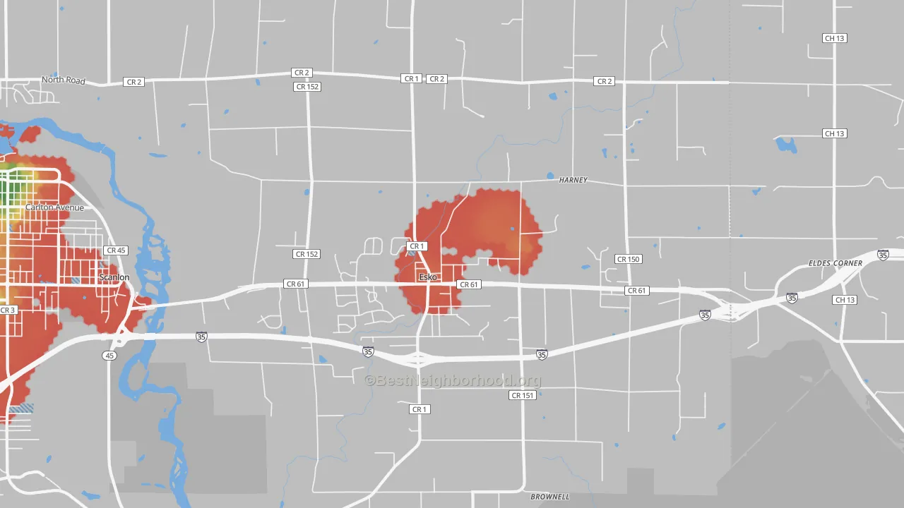 Walk Grade map of 55733, MN, walkable areas in green and car-dependent areas in red