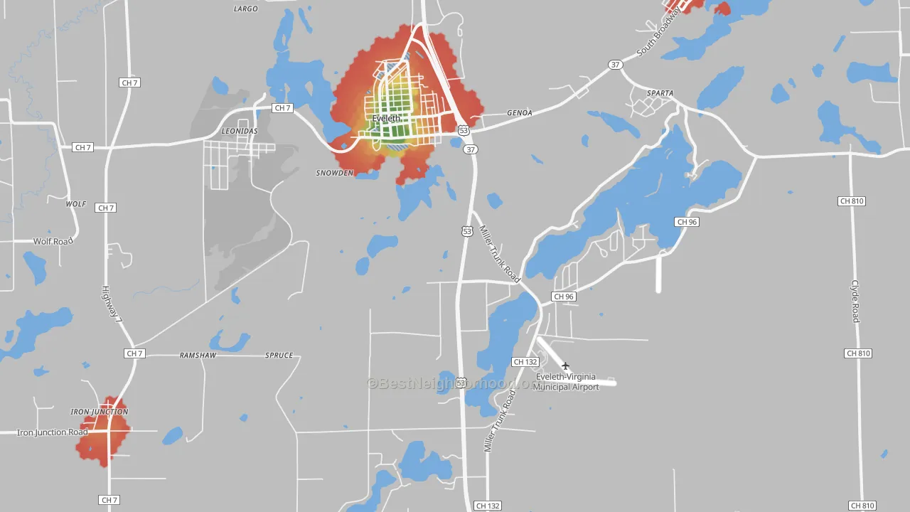 Walk Grade map of 55734, MN, walkable areas in green and car-dependent areas in red
