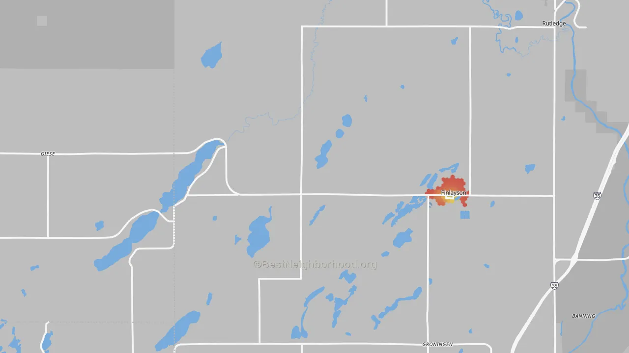 Walk Grade map of 55735, MN, walkable areas in green and car-dependent areas in red