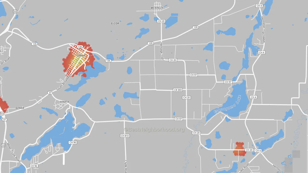 Walk Grade map of 55741, MN, walkable areas in green and car-dependent areas in red