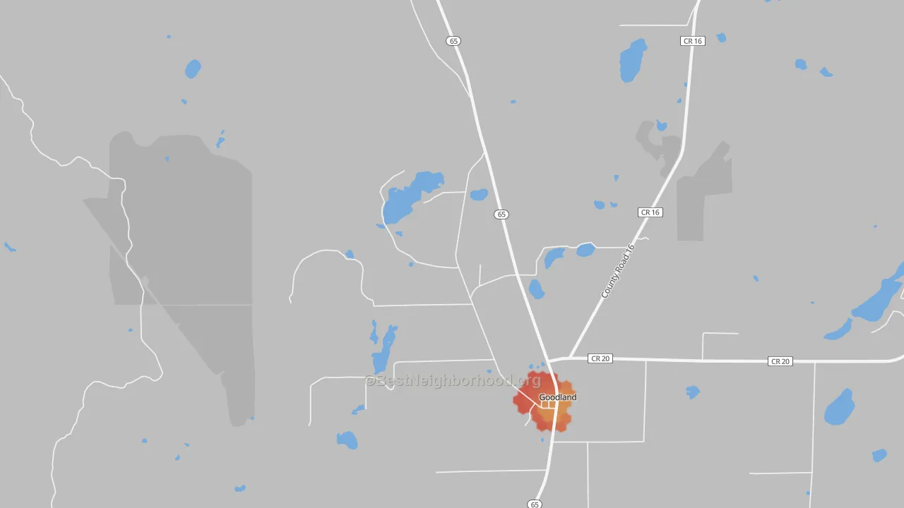 Walk Grade map of 55742, MN, walkable areas in green and car-dependent areas in red