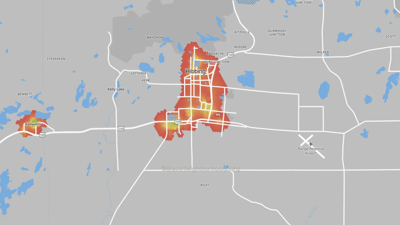 Walk Grade map of 55746, MN, walkable areas in green and car-dependent areas in red