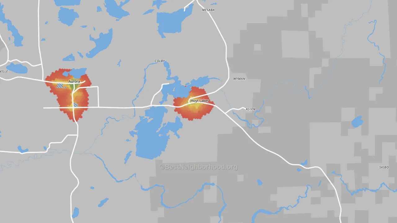 Walk Grade map of 55750, MN, walkable areas in green and car-dependent areas in red