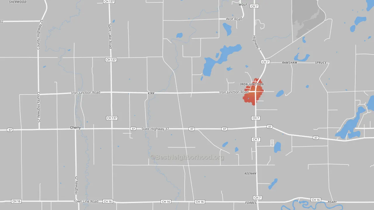 Walk Grade map of 55751, MN, walkable areas in green and car-dependent areas in red