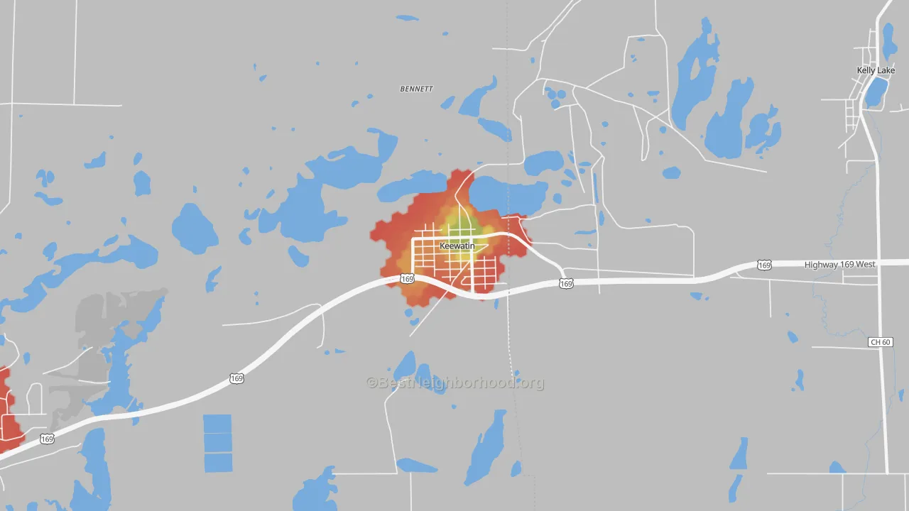 Walk Grade map of 55753, MN, walkable areas in green and car-dependent areas in red