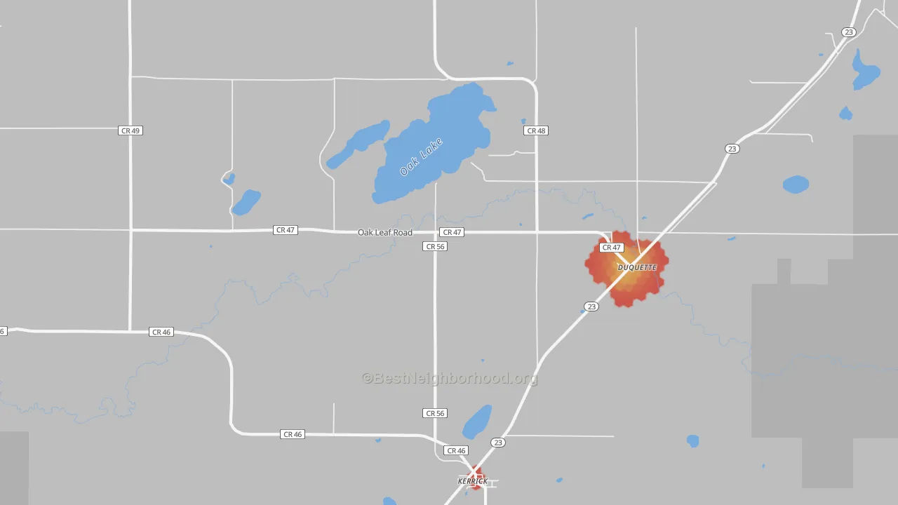 Walk Grade map of 55756, MN, walkable areas in green and car-dependent areas in red