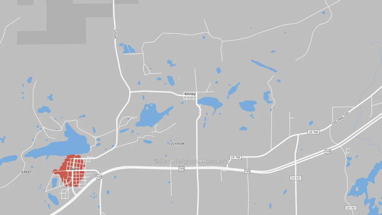 Walk Grade map of 55758, MN, walkable areas in green and car-dependent areas in red