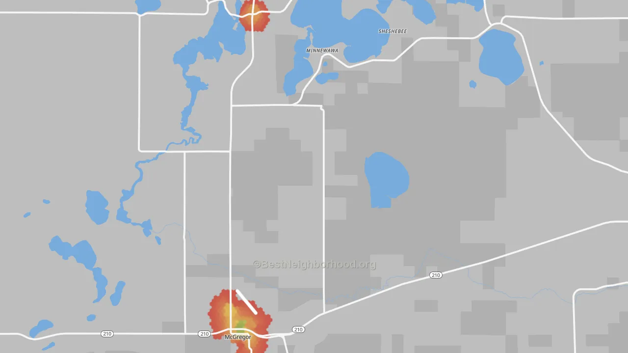 Walk Grade map of 55760, MN, walkable areas in green and car-dependent areas in red