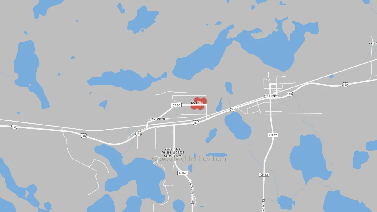 Walk Grade map of 55764, MN, walkable areas in green and car-dependent areas in red