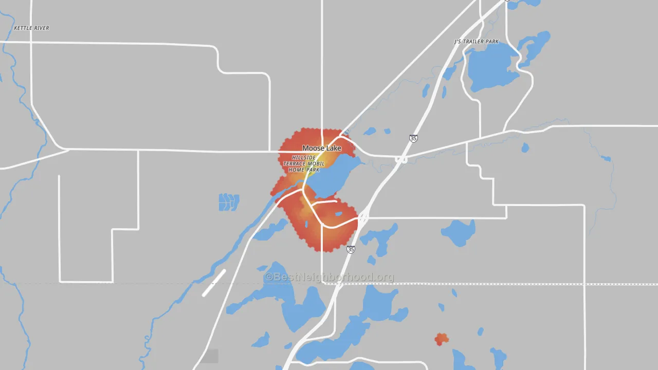 Walk Grade map of 55767, MN, walkable areas in green and car-dependent areas in red