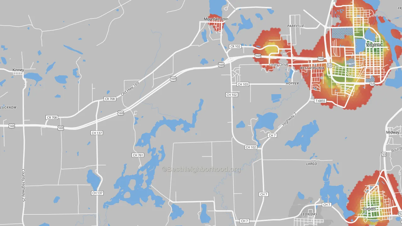 Walk Grade map of 55768, MN, walkable areas in green and car-dependent areas in red