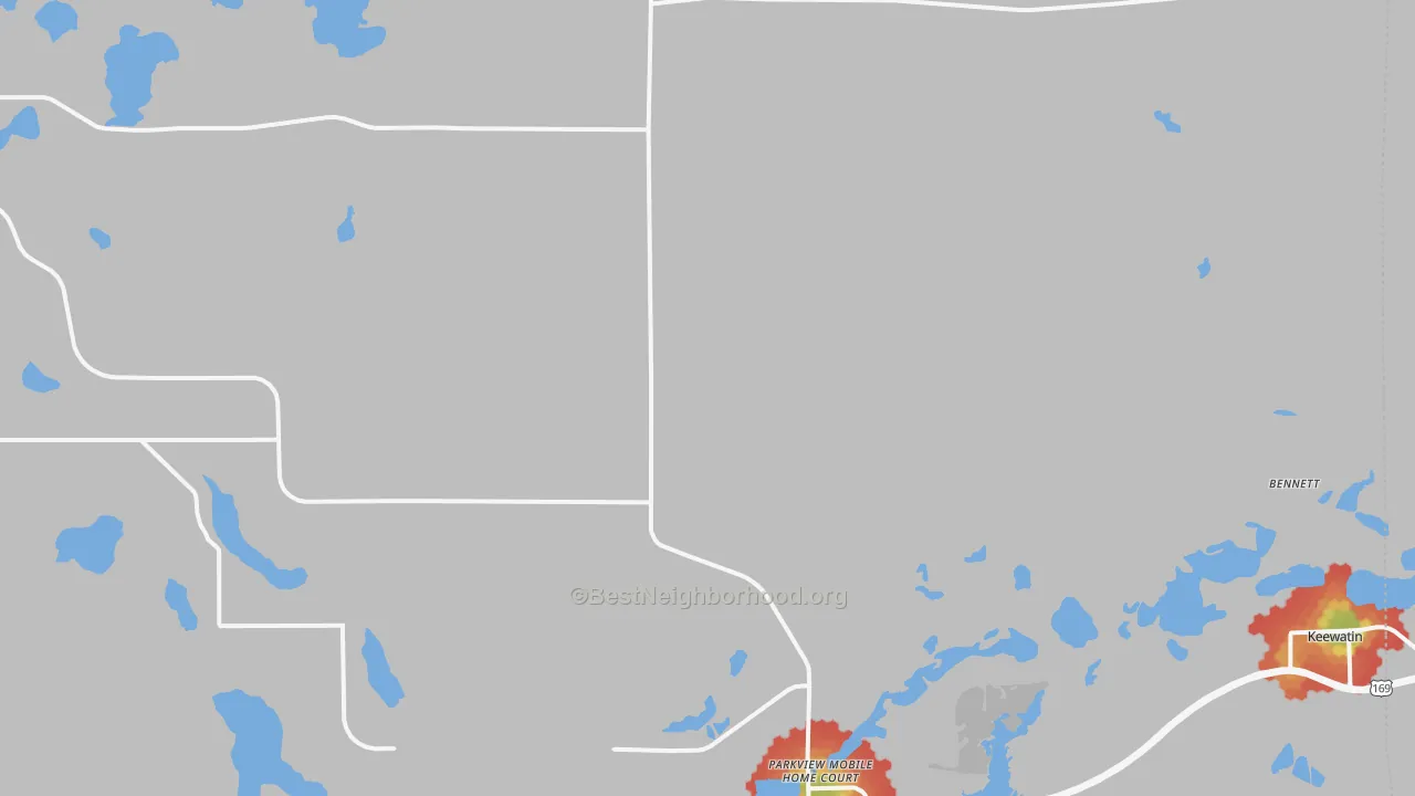 Walk Grade map of 55769, MN, walkable areas in green and car-dependent areas in red
