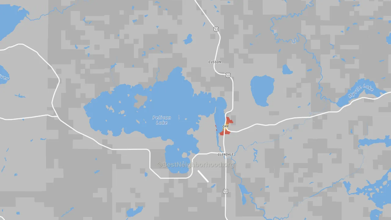 Walk Grade map of 55771, MN, walkable areas in green and car-dependent areas in red