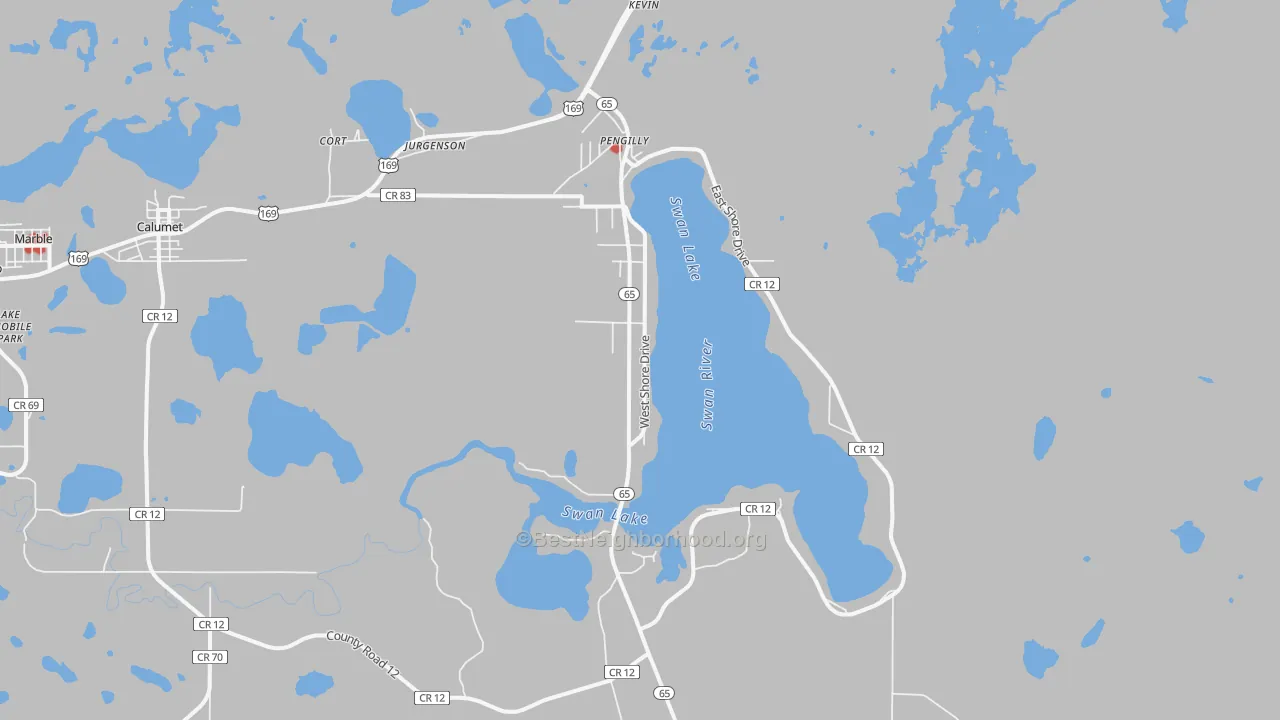 Walk Grade map of 55775, MN, walkable areas in green and car-dependent areas in red