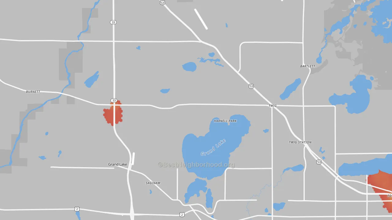 Walk Grade map of 55779, MN, walkable areas in green and car-dependent areas in red