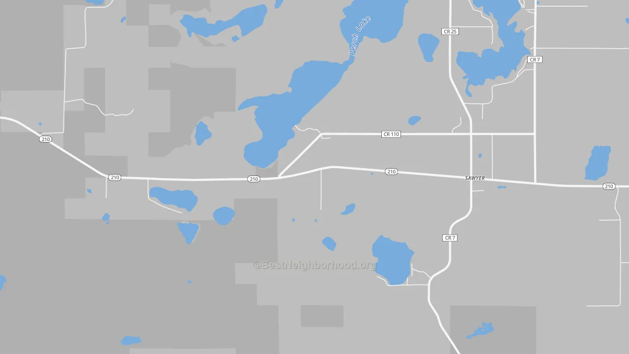 Walk Grade map of 55780, MN, walkable areas in green and car-dependent areas in red